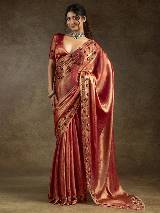 Brown Copper Party Wear Satin Silk Embellished Saree