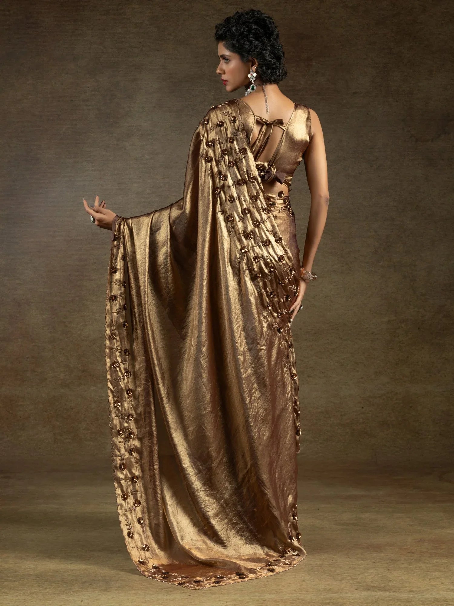 Coffee Party Wear Satin Silk Embellished Saree - The Dori Store