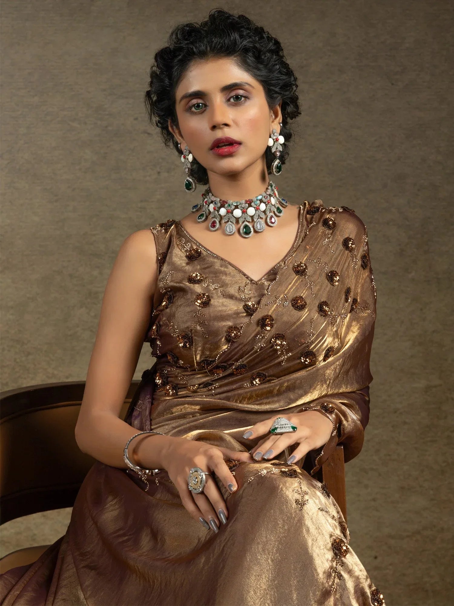 Coffee Party Wear Satin Silk Embellished Saree - The Dori Store