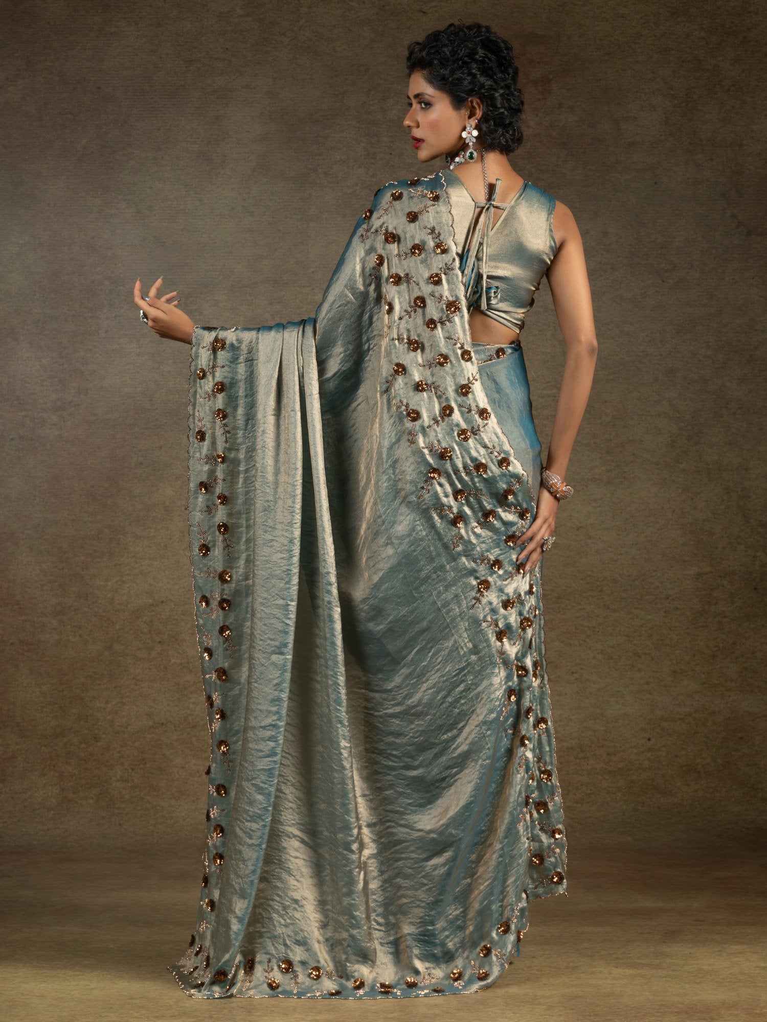 Teal Greyish Blue Party Wear Satin Silk Embellished Saree