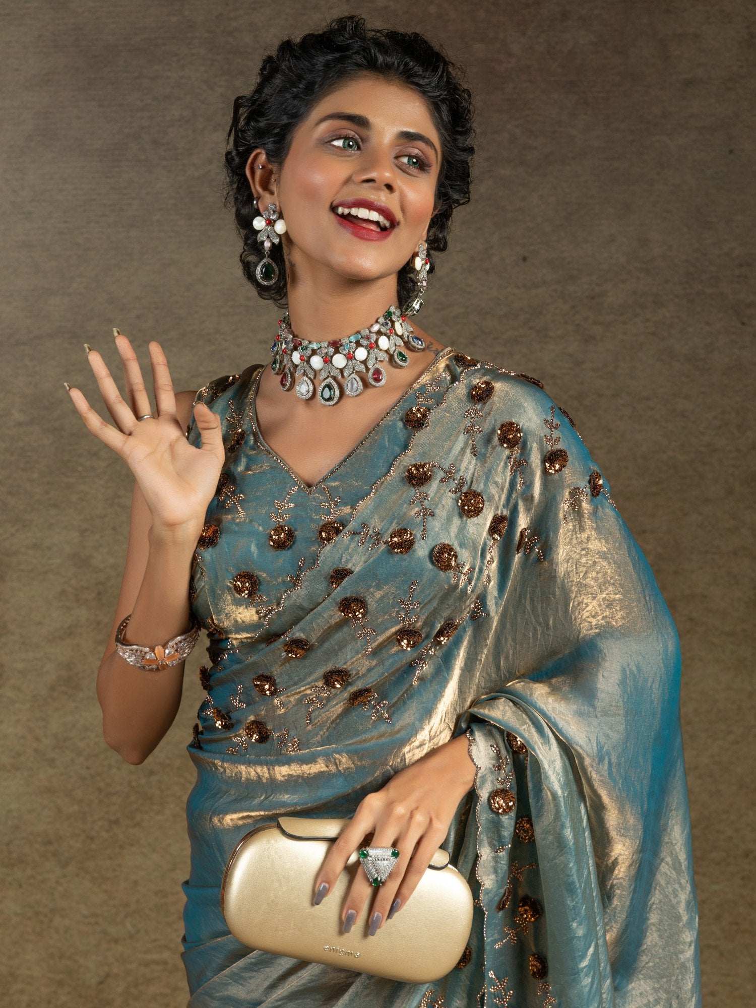 Teal Greyish Blue Party Wear Satin Silk Embellished Saree