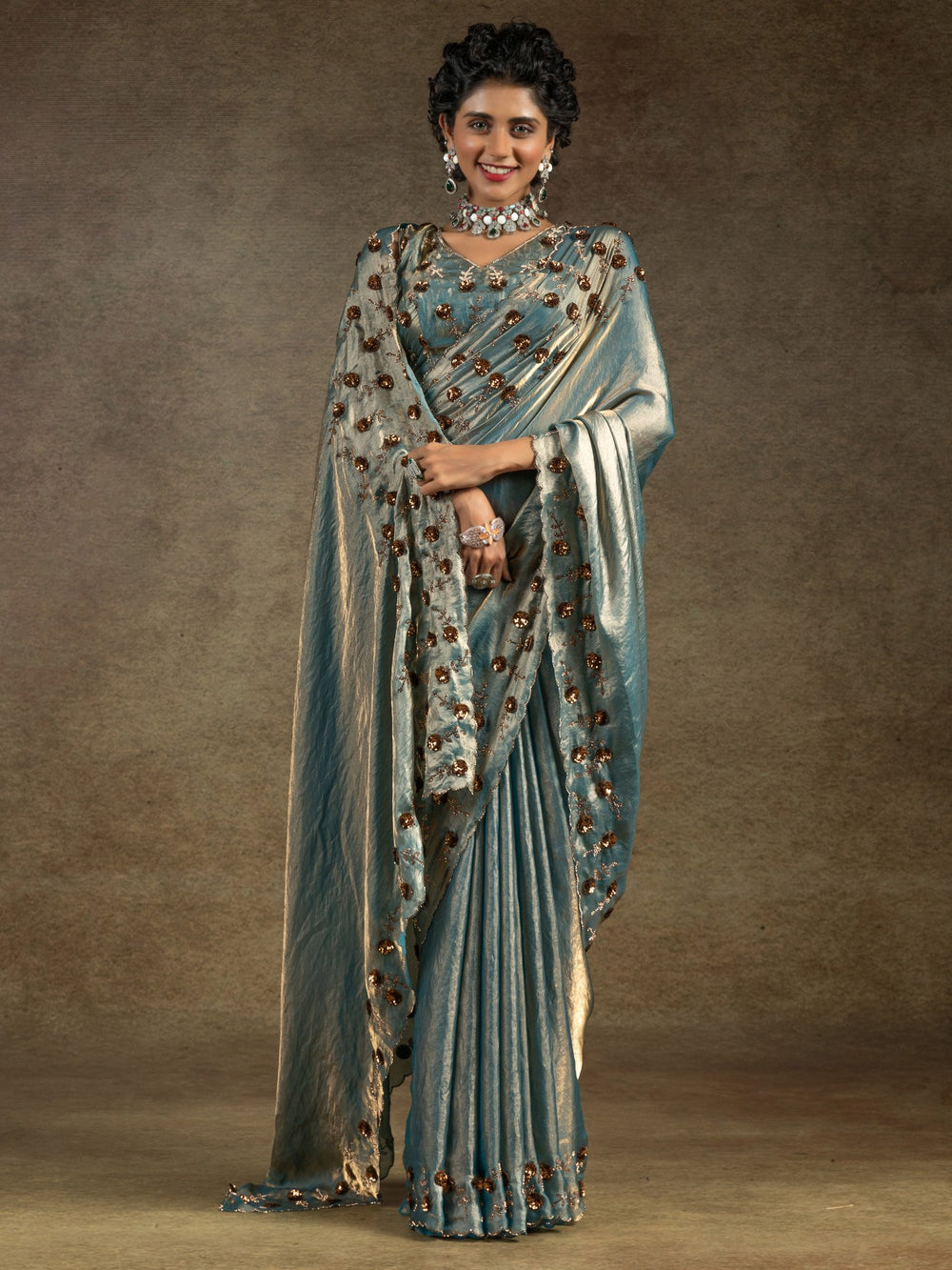 Blue Teal Party Wear Satin Silk Embellished Saree