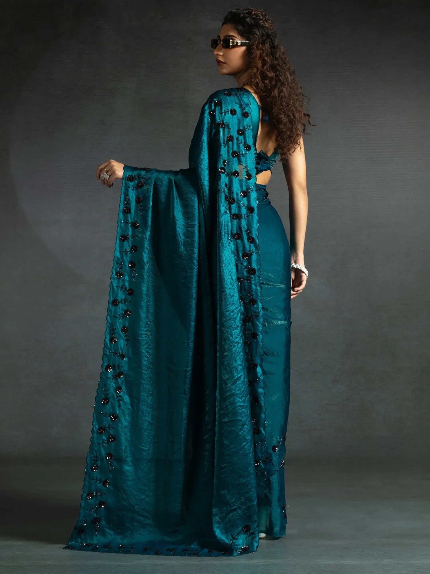 Teal Blue Party Wear Satin Silk Embellished Saree