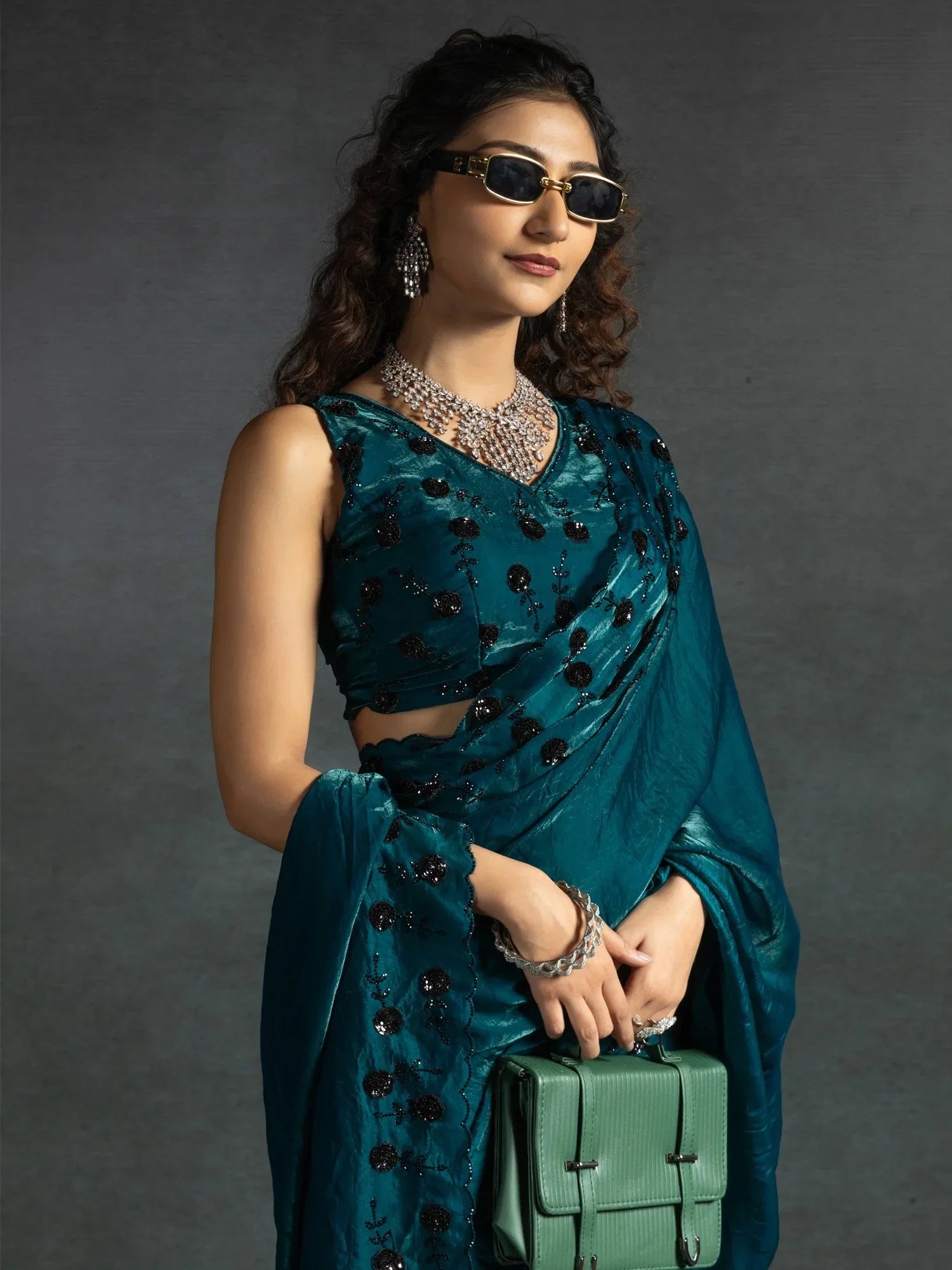Teal Blue Party Wear Satin Silk Embellished Saree
