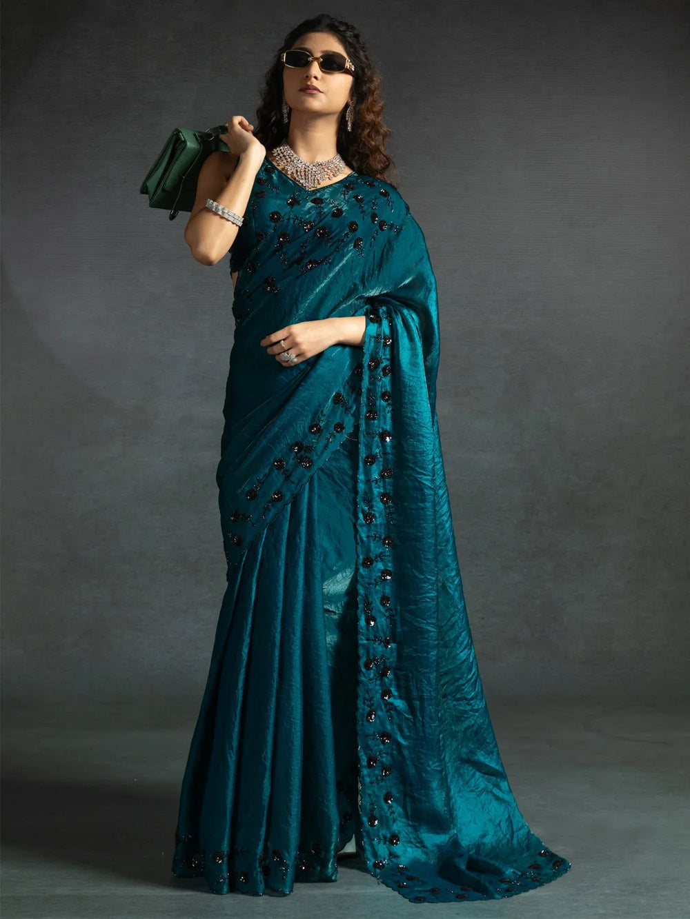 Blue Teal Party Wear Satin Silk Embellished Saree