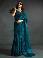 Blue Teal Party Wear Satin Silk Embellished Saree