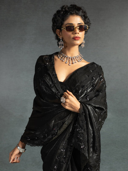Black Party Wear Satin Silk Embellished Saree
