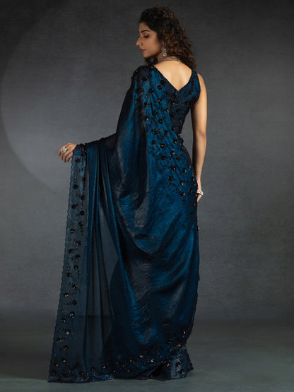 Blue Party Wear Satin Silk Embellished Saree