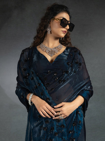 Blue Party Wear Satin Silk Embellished Saree