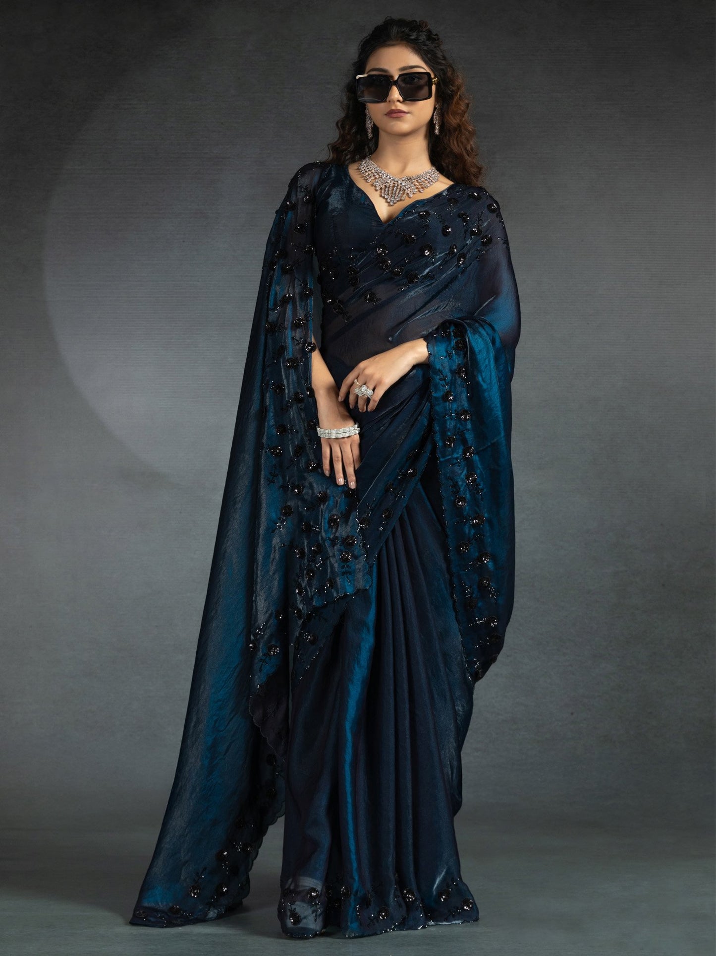 Blue Blue Party Wear Satin Silk Embellished Saree