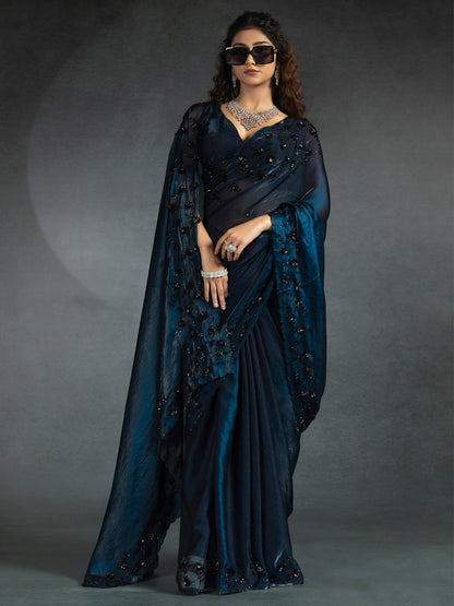 Blue Blue Party Wear Satin Silk Embellished Saree