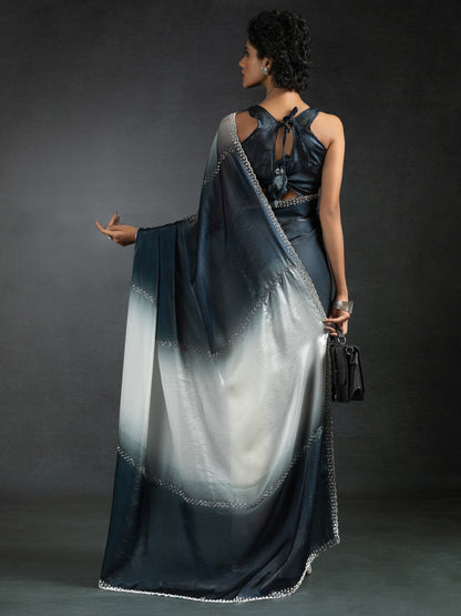 Grey Party Wear Satin Silk Half & Half Saree