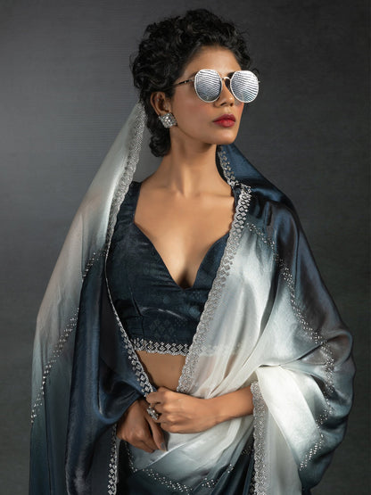 Grey Party Wear Satin Silk Half & Half Saree