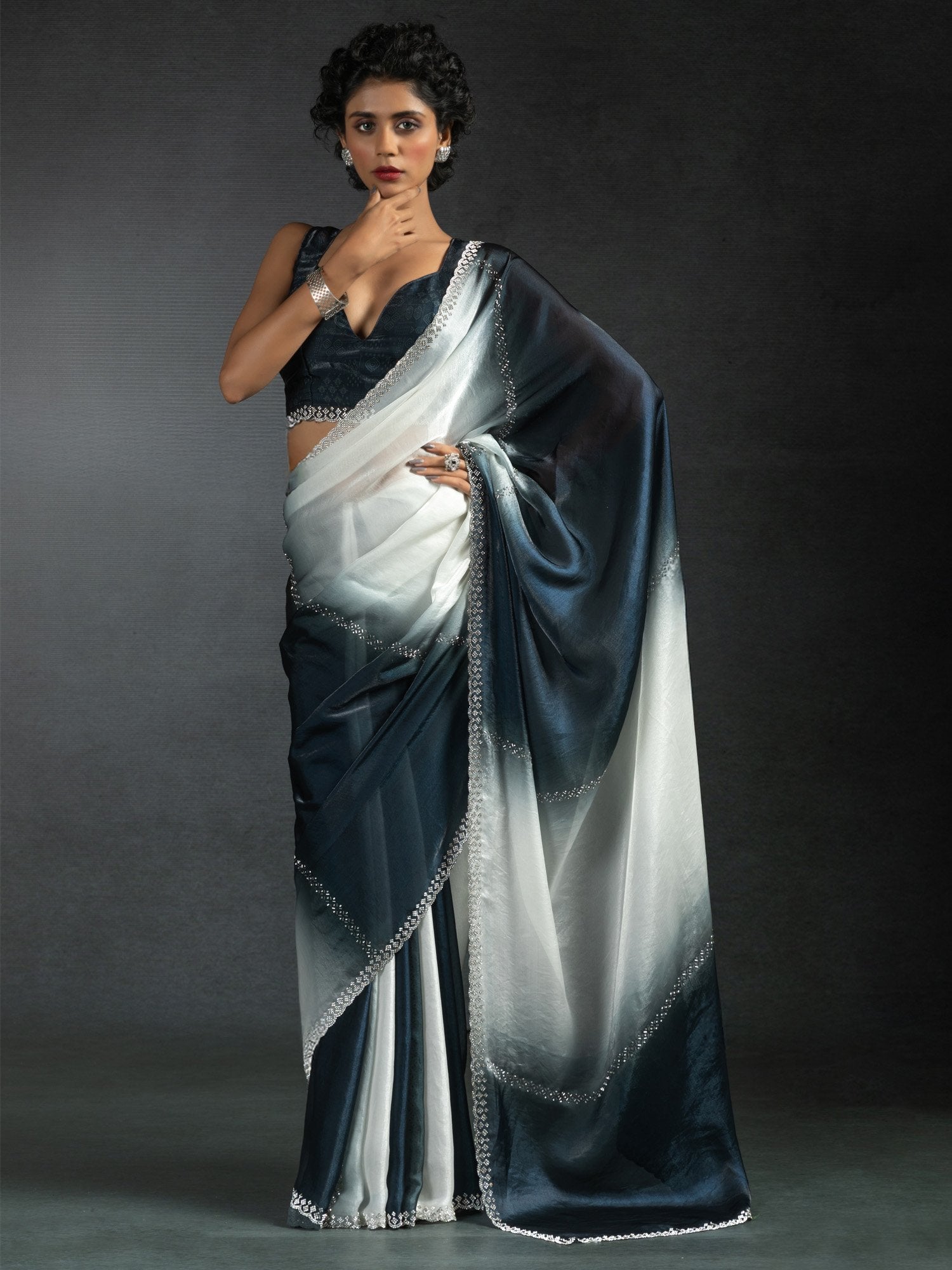 Grey Grey Party Wear Satin Silk Half & Half Saree