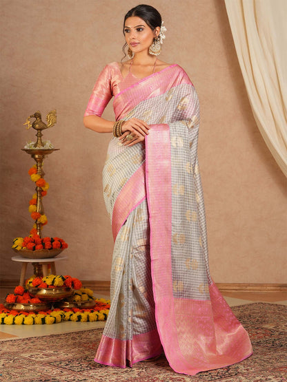 Grey Sungudi Cotton Blend Woven Saree