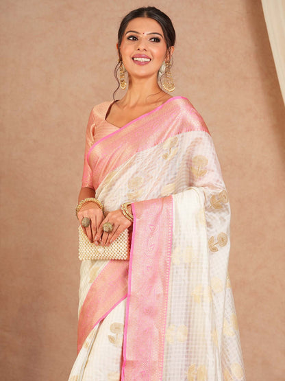 Off Sungudi Cotton Blend Woven Saree