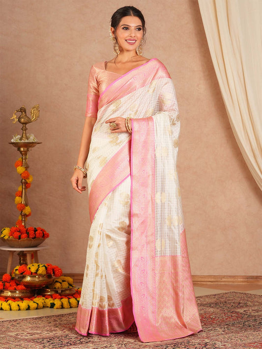 White Off Sungudi Cotton Blend Woven Saree