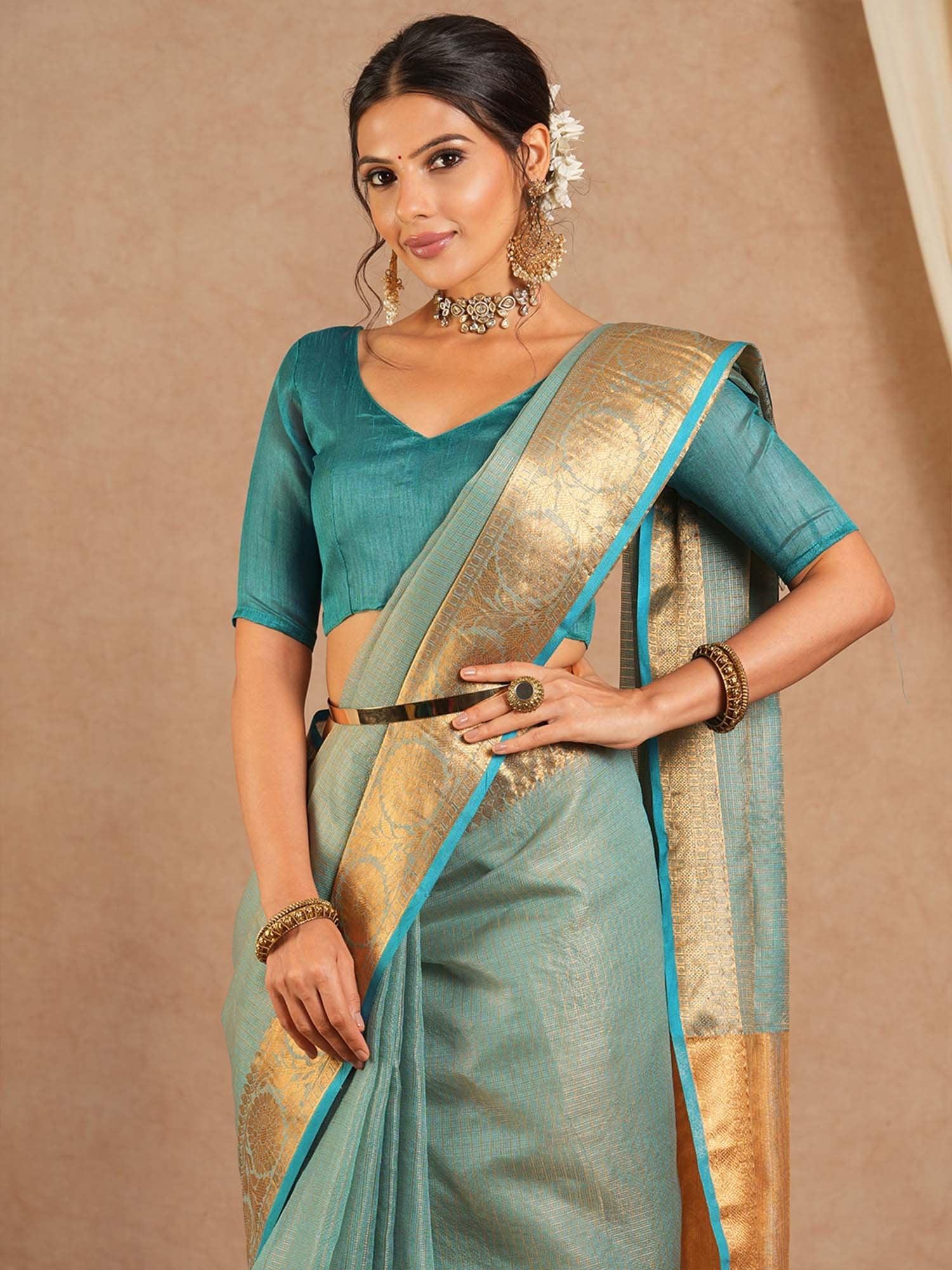 Light Sungudi Cotton Blend Woven Saree - The Dori Store