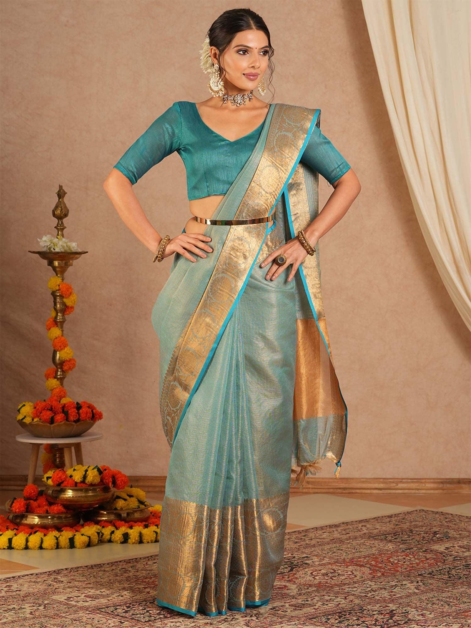 Light Sungudi Cotton Blend Woven Saree - The Dori Store