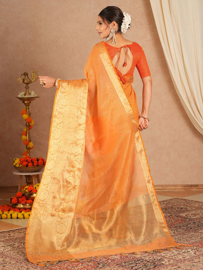 Orange Sungudi Cotton Blend Woven Saree
