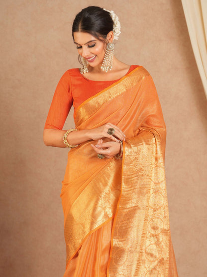 Orange Sungudi Cotton Blend Woven Saree