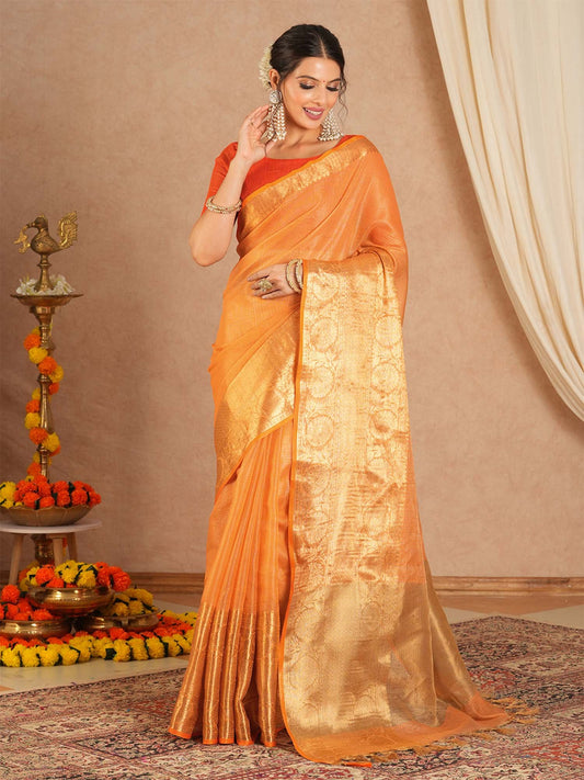 Orange Orange Sungudi Cotton Blend Woven Saree