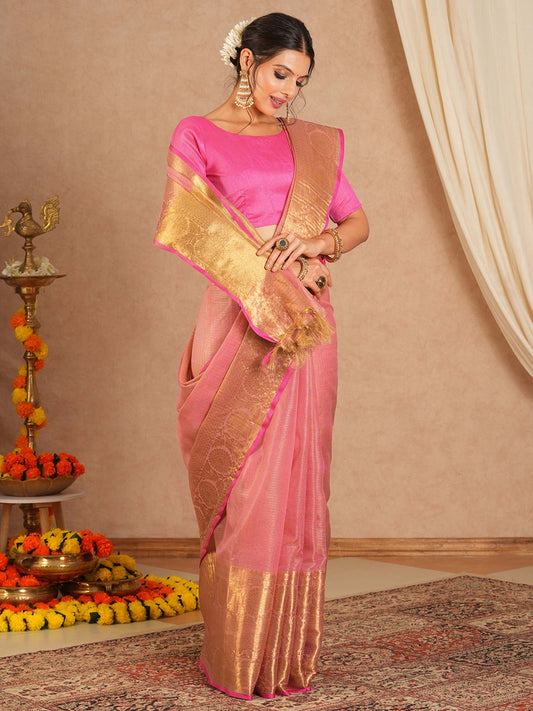 Pink Pink Sungudi Cotton Blend Woven Saree