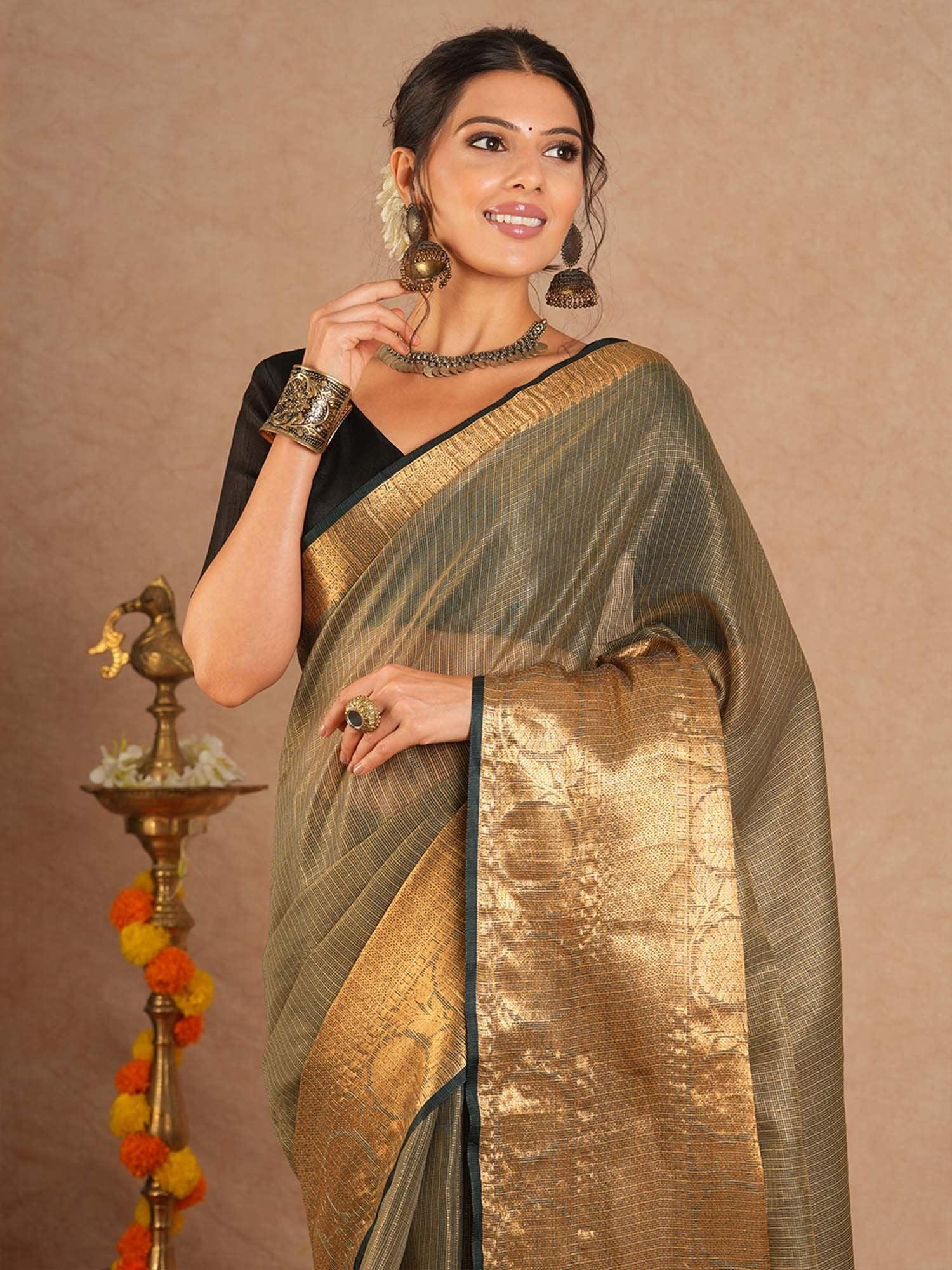Black Sungudi Cotton Blend Woven Saree