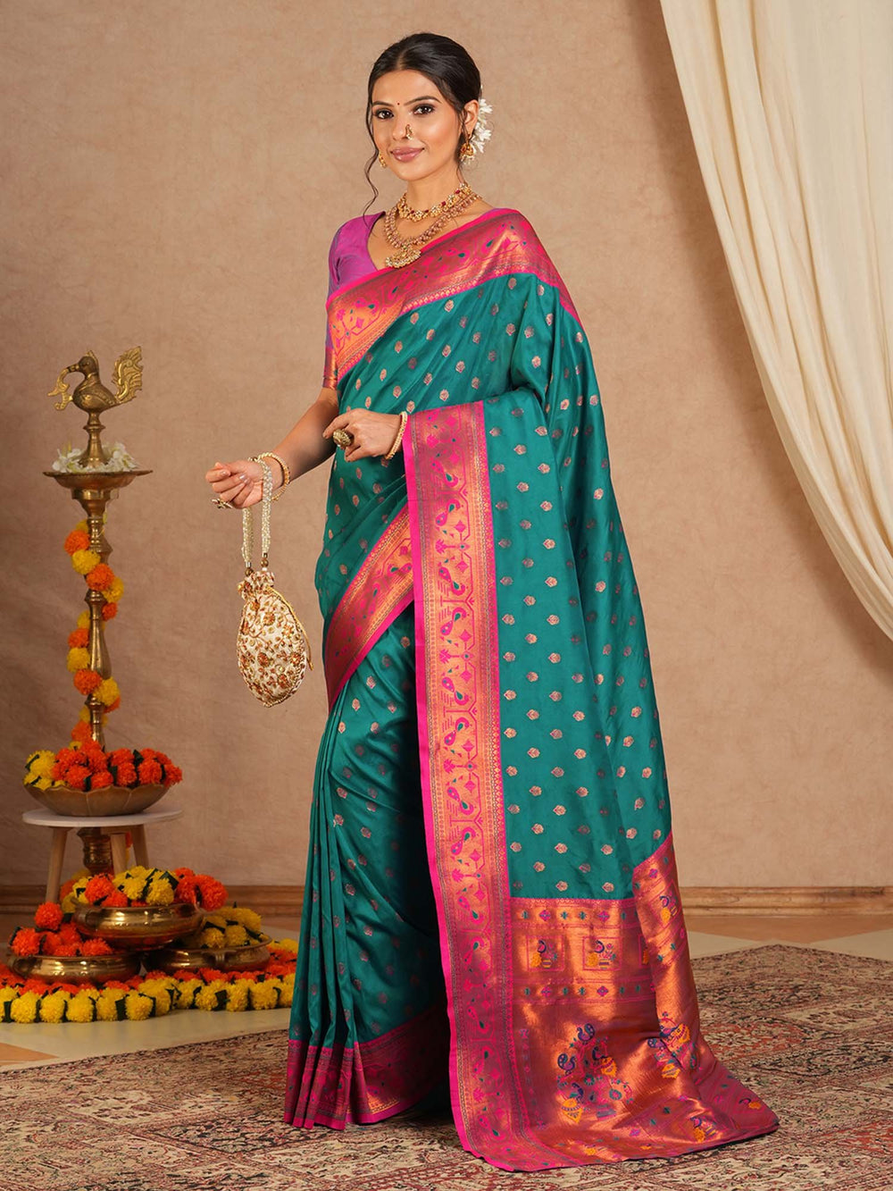 Blue Teal Paithani Soft Silk Woven Saree