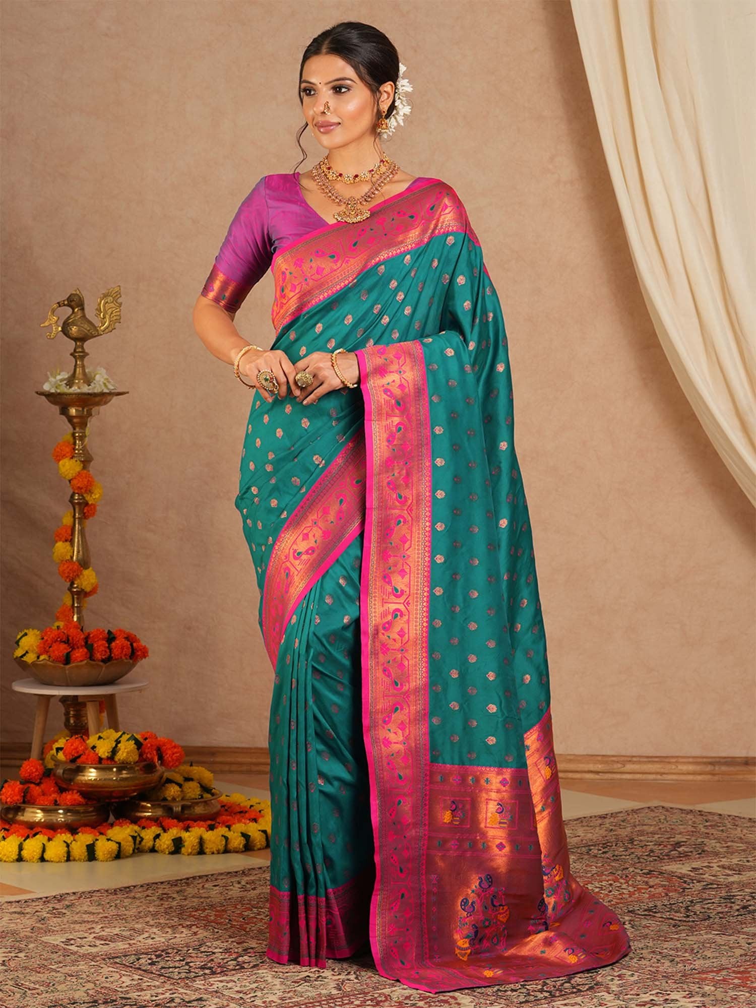 Teal Blue Paithani Soft Silk Festive Saree