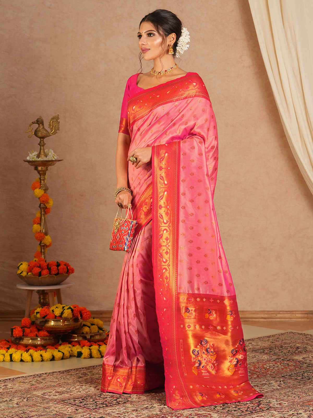 Pink Pink Paithani Soft Silk Woven Saree