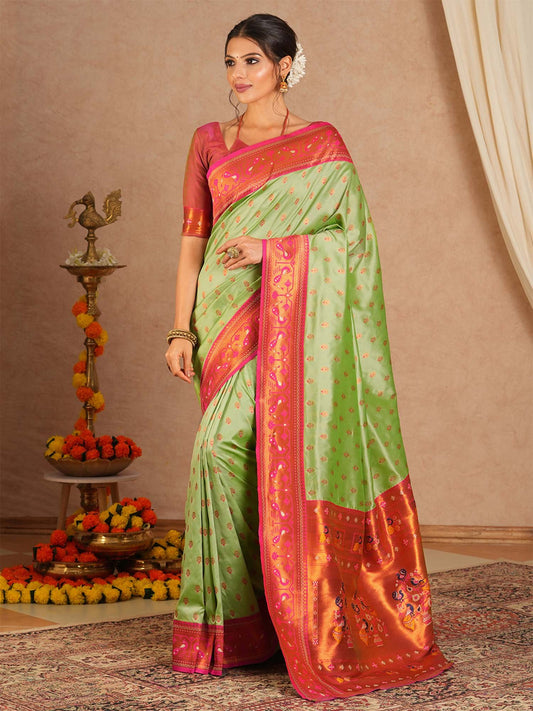 Green Light Paithani Soft Silk Woven Saree