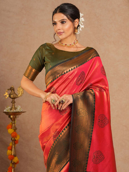 Pink Pink Maheshwari Banarasi Silk Woven Saree