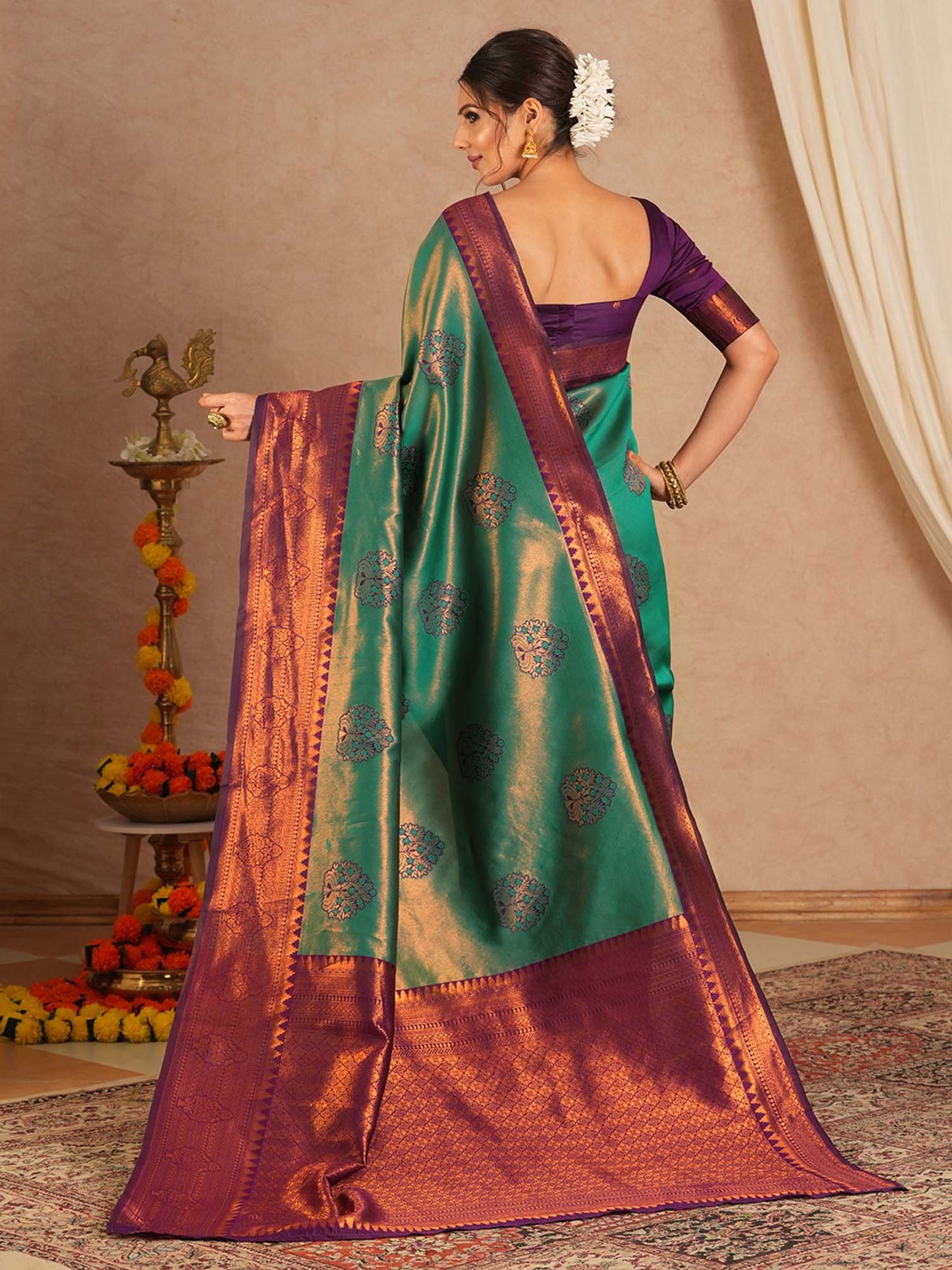 Turquoise Maheshwari Banarasi Silk Woven Saree