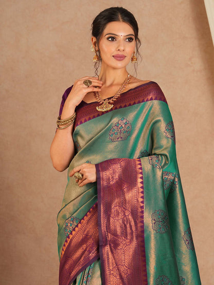 Turquoise Maheshwari Banarasi Silk Woven Saree