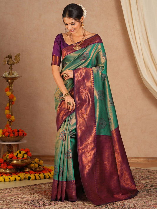 Green Turquoise Maheshwari Banarasi Silk Woven Saree