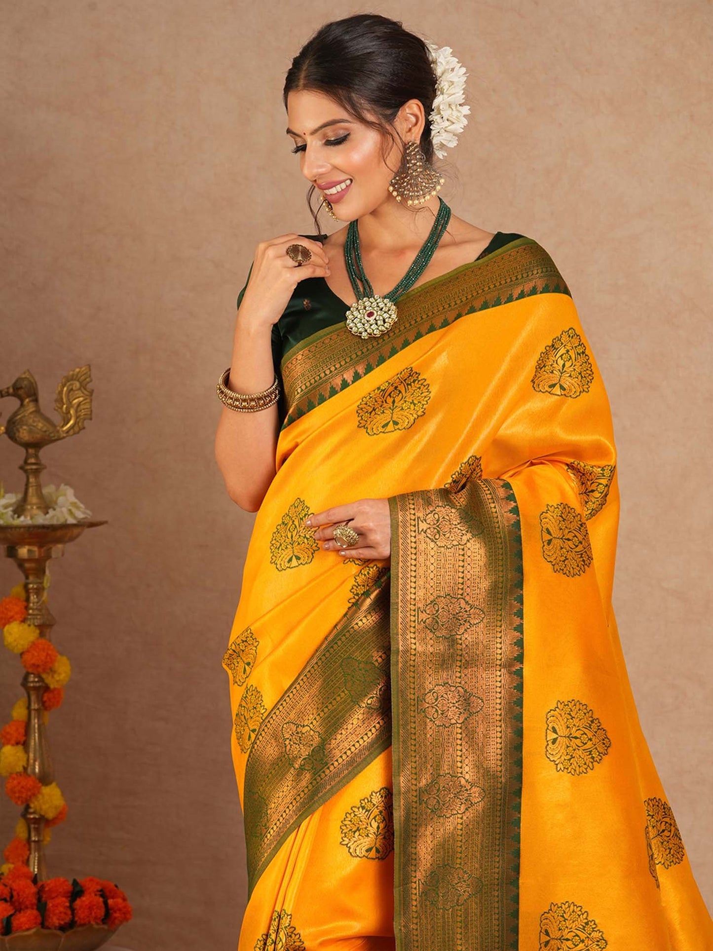 Yellow Maheshwari Banarasi Silk Woven Saree