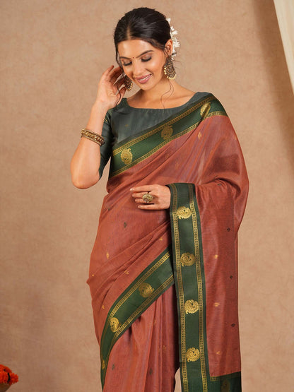 Brown Maheshwari Cotton Blend Woven Saree