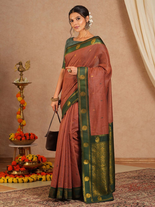 Brown Brown Maheshwari Cotton Blend Woven Saree