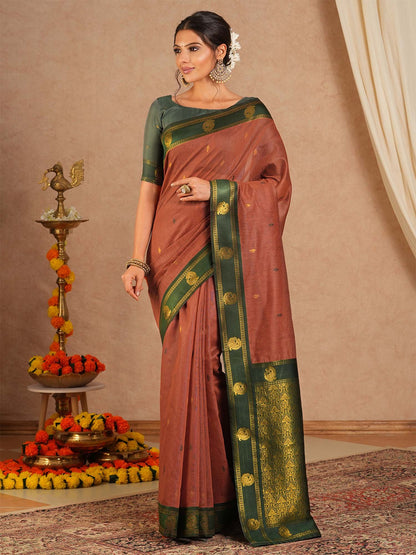 Brown Maheshwari Cotton Blend Woven Saree