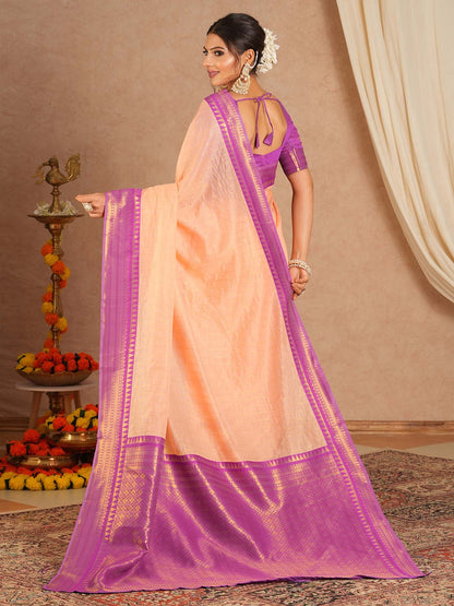 Peach Maheshwari Cotton Blend Woven Saree
