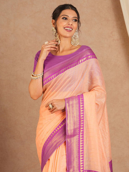 Pink Peach Maheshwari Cotton Blend Woven Saree