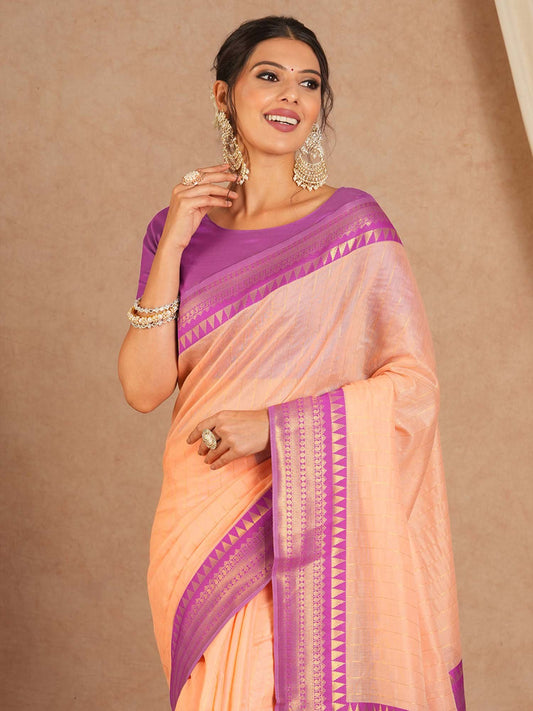 Pink Peach Maheshwari Cotton Blend Woven Saree