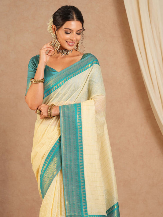 Cream Cream Maheshwari Cotton Blend Woven Saree