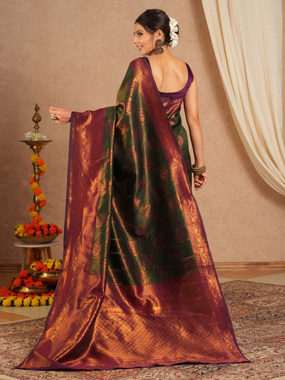 Olive Kanjeevaram Banarasi Silk Woven Saree