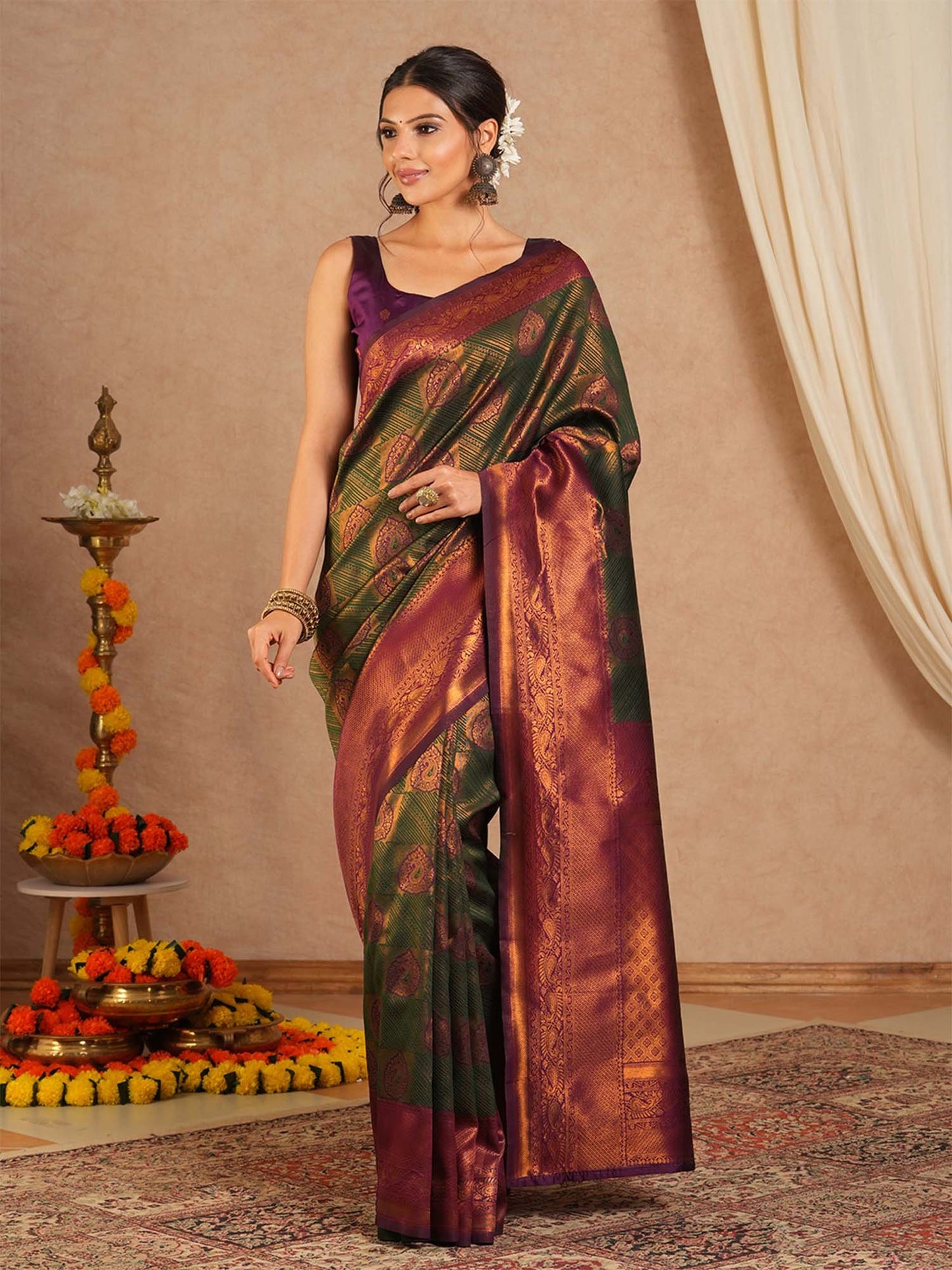Olive Kanjeevaram Banarasi Silk Woven Saree