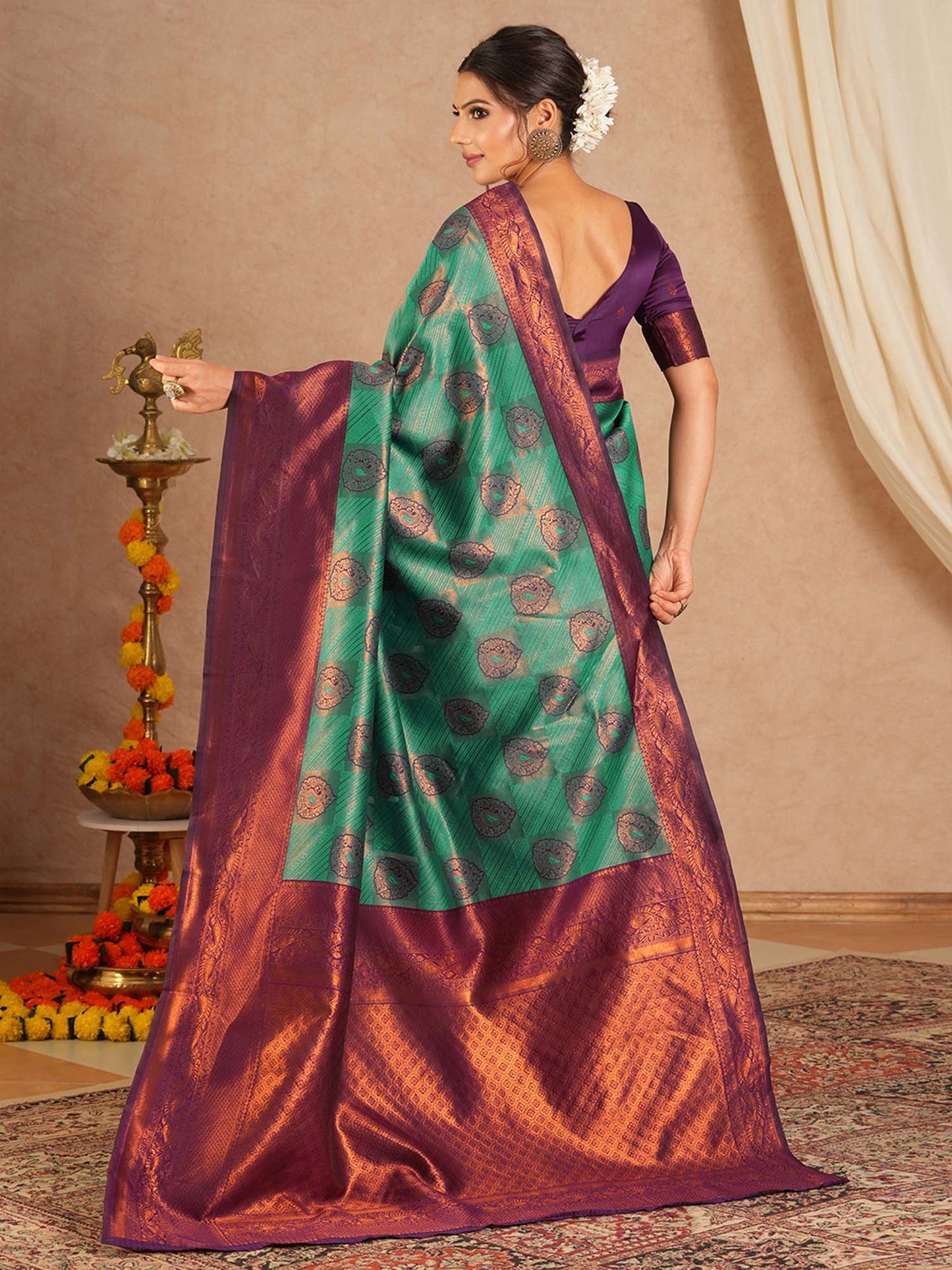Turquoise Kanjeevaram Banarasi Silk Woven Saree