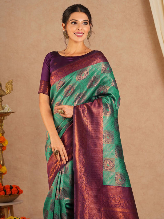 Blue  Turquoise Kanjeevaram Banarasi Silk Woven Saree
