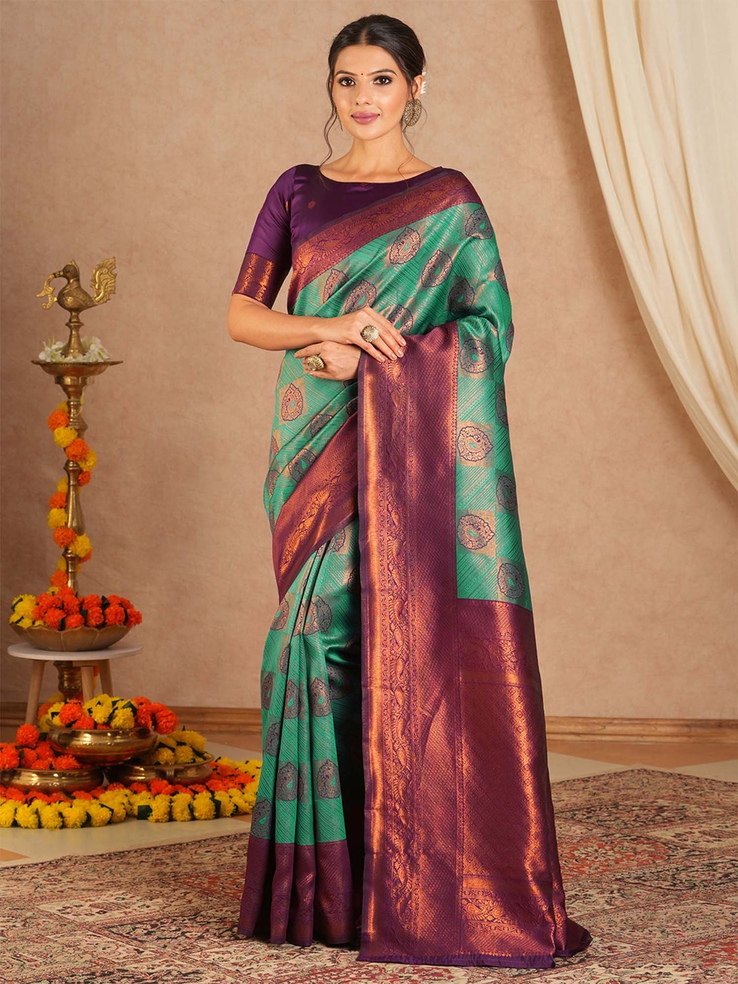 Turquoise Kanjeevaram Banarasi Silk Woven Saree
