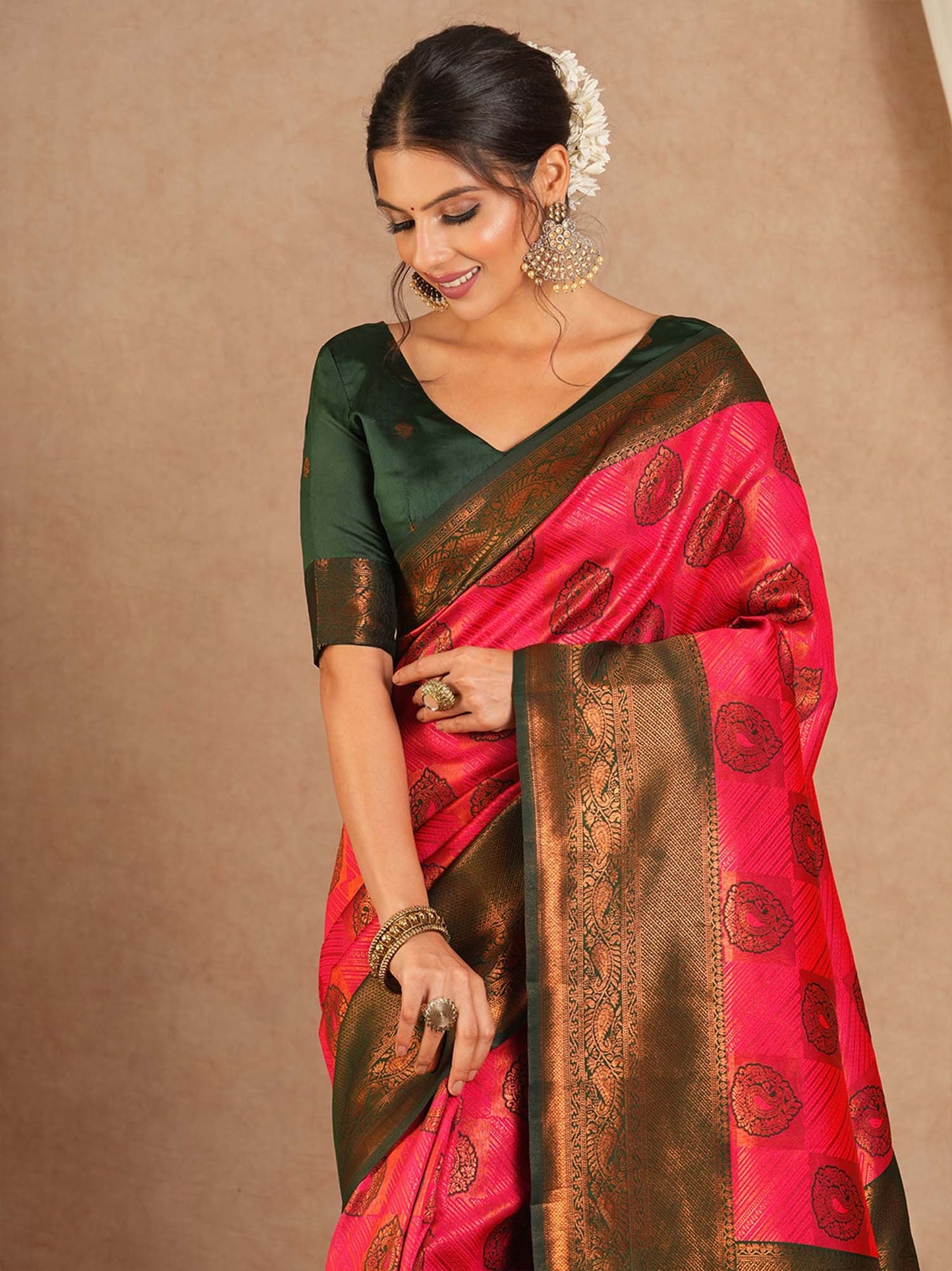 Pink Pink Kanjeevaram Banarasi Silk Woven Saree